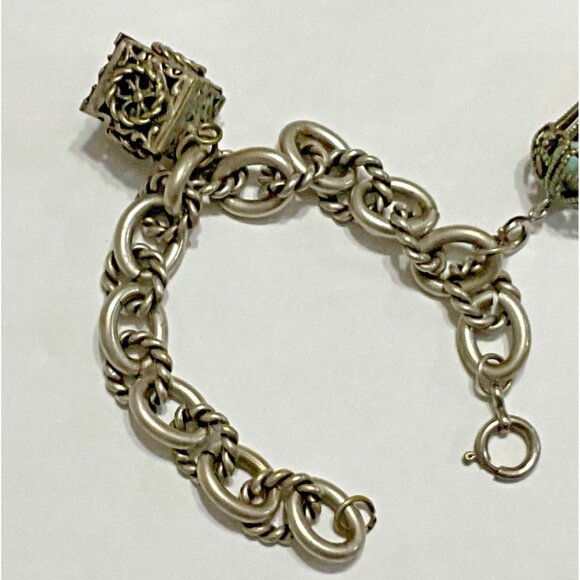 Vintage Etruscan Revival 800 Silver Fob Charm Bracelet Gypsy 2 Charms Cage - Picture 4 of 6